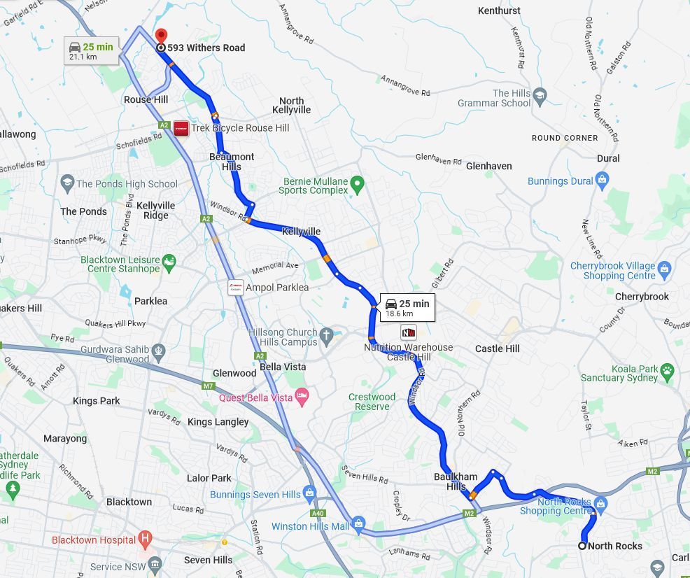 a map showing the route of a journey, North Rocks to Rouse Hill.
