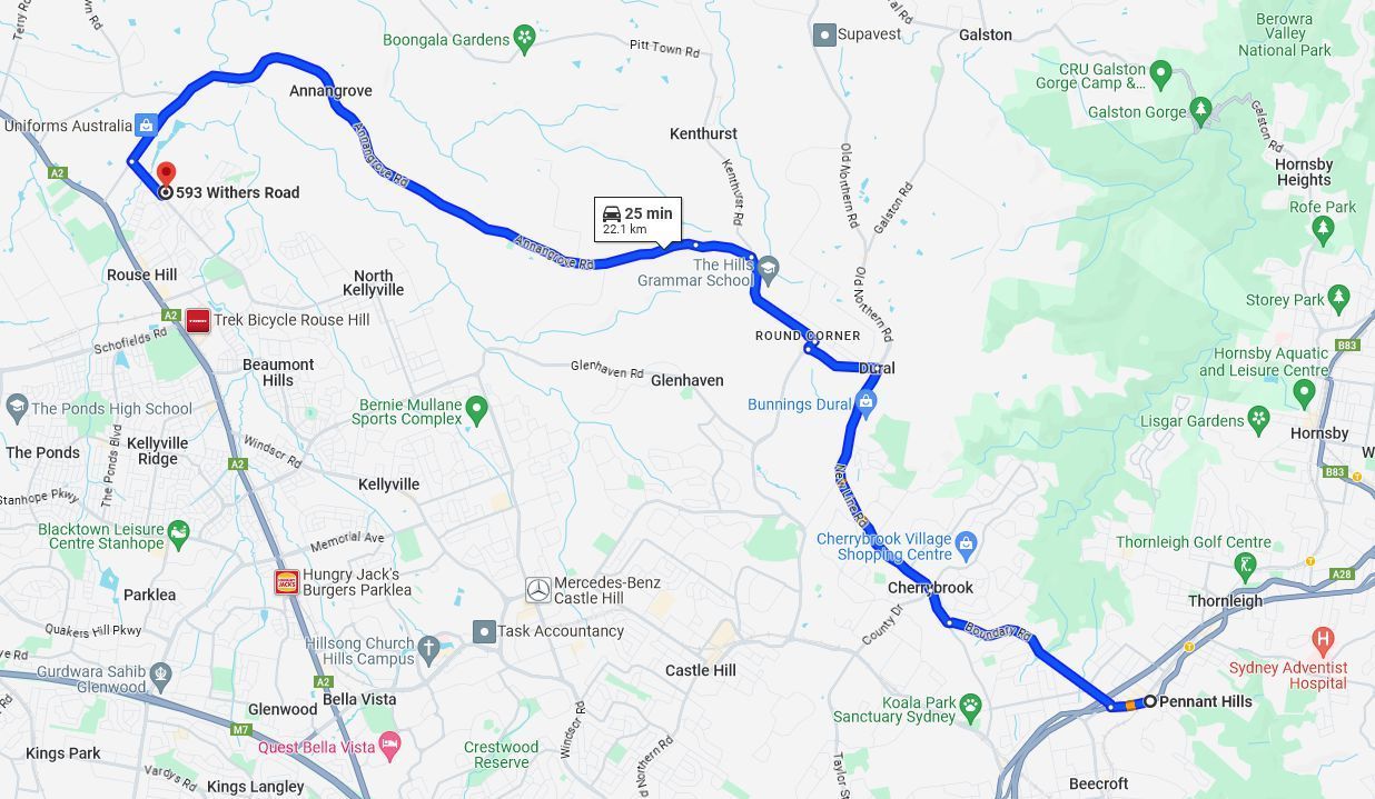driving directions of a map showing the route of a journey, Pennant Hills to Rouse Hill.