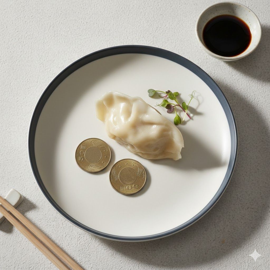 用筷子夾著餃子,露出豬肉玉米餡,旁邊還有其他餃子、醬汁和玉米棒。