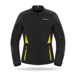 Giacca da motociclista nera con dettagli gialli e chiusura con cerniera.