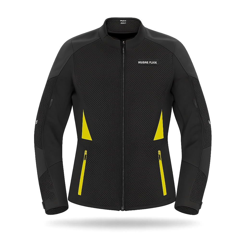 Giacca da motociclista nera con dettagli gialli e chiusura con cerniera.