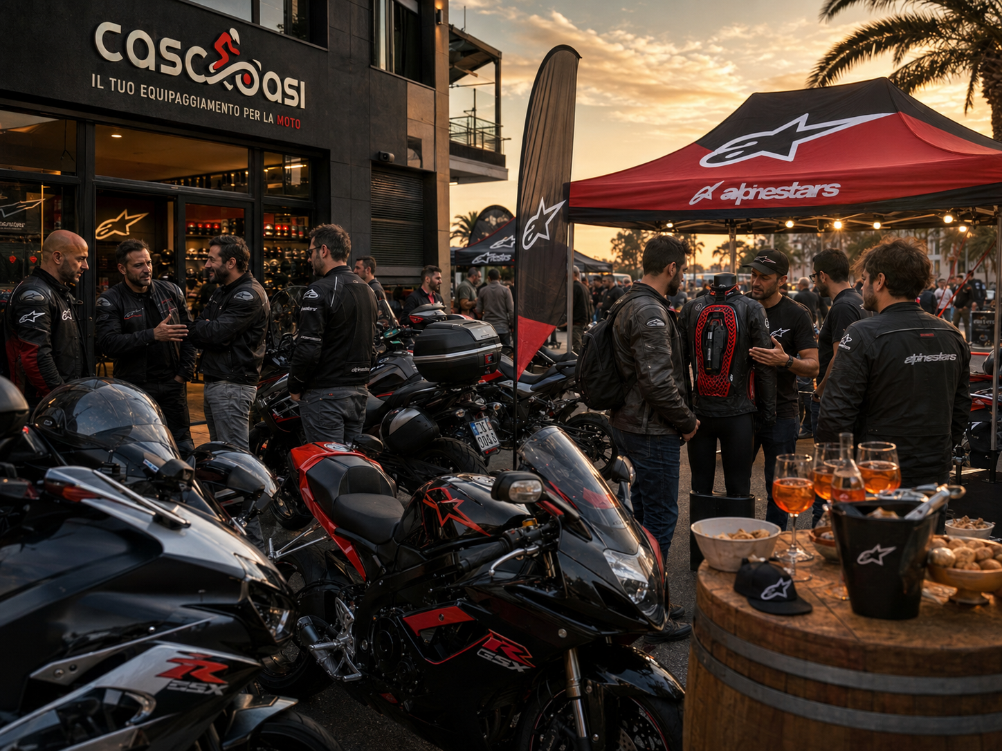 Motorcycle gathering outside a shop at sunset, with riders, parked bikes, and a red canopy booth