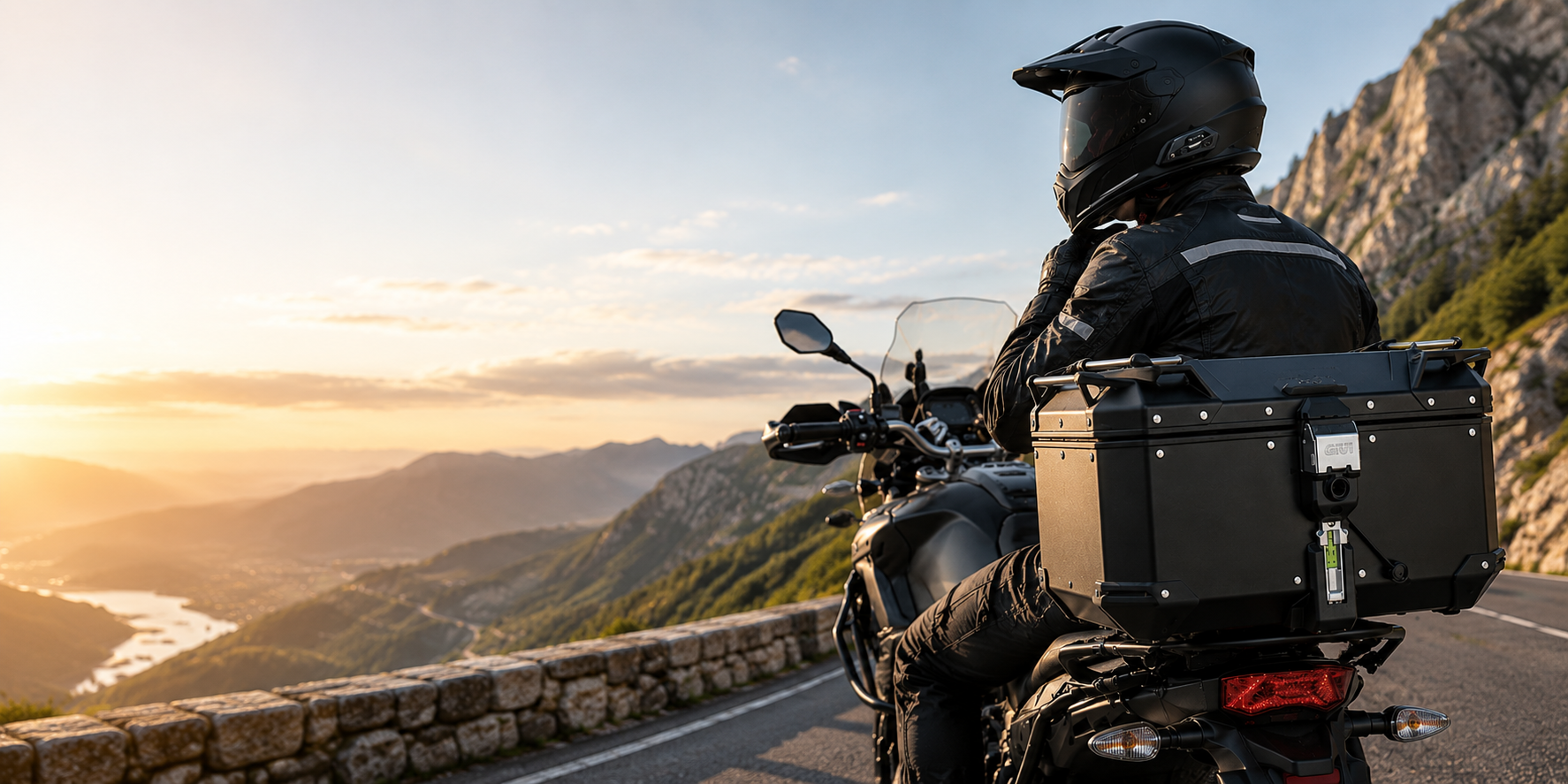 Motociclista con bagagli che percorre una strada di montagna al tramonto, con vista su una valle e un fiume.