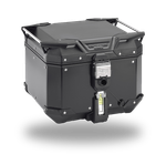 Bauletto per moto nero con dettagli argentati e meccanismo di bloccaggio.