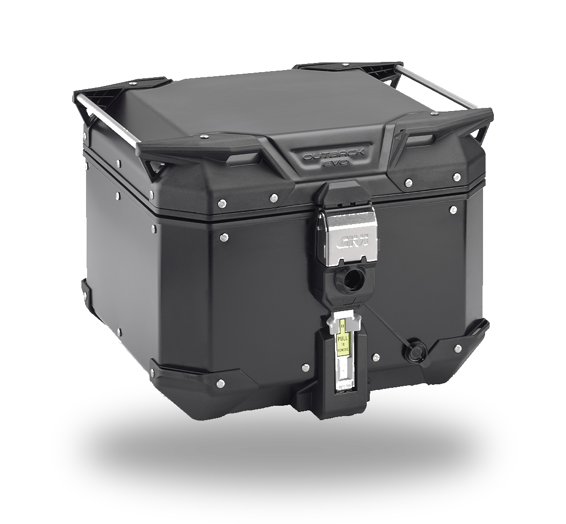 Bauletto per moto nero con dettagli argentati e meccanismo di bloccaggio.