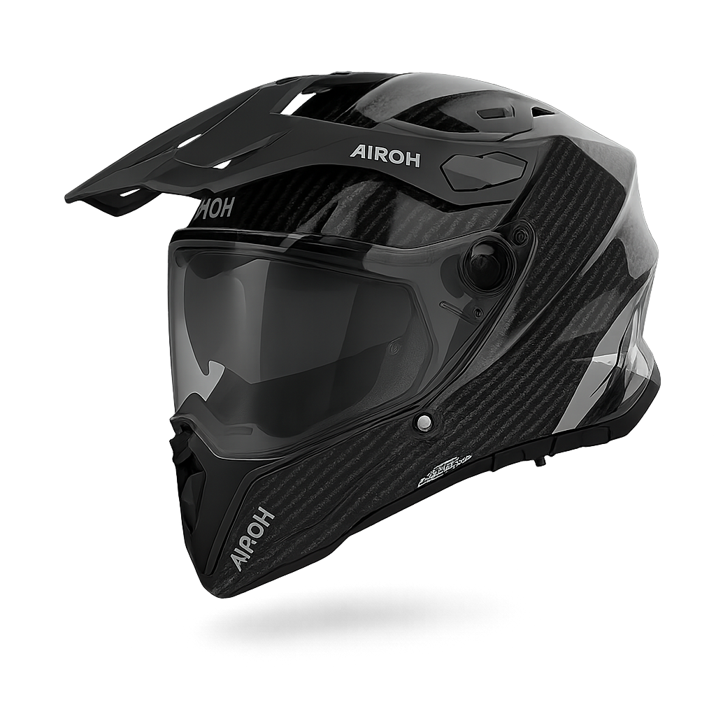 Casco da moto Airoh nero con visiera e frontino, caratterizzato da un design in fibra di carbonio.