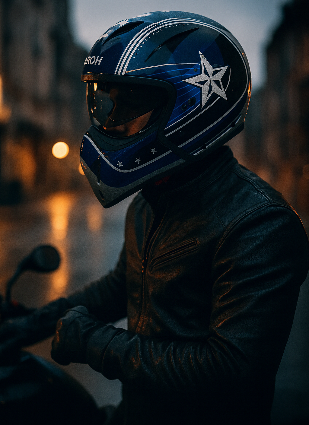 Persona con casco blu e giacca di pelle su una motocicletta, sfondo sfocato della città.