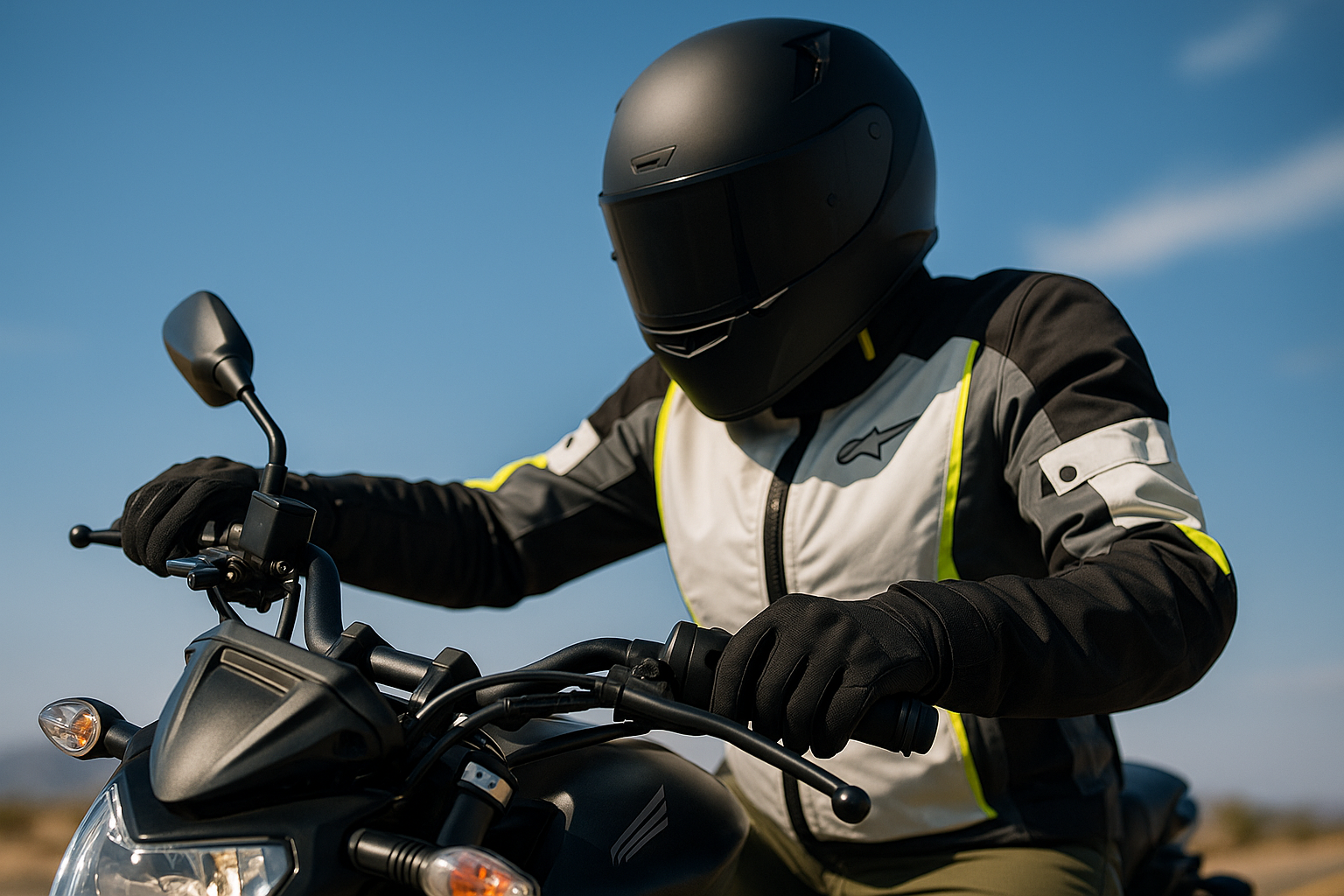 Persona che indossa un casco nero e guida una motocicletta in un ambiente desertico.