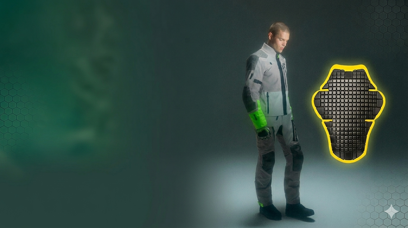 Una persona con una tuta da motociclista grigia è in piedi accanto a una grafica gialla luminosa che raffigura un inserto protettivo per la schiena.