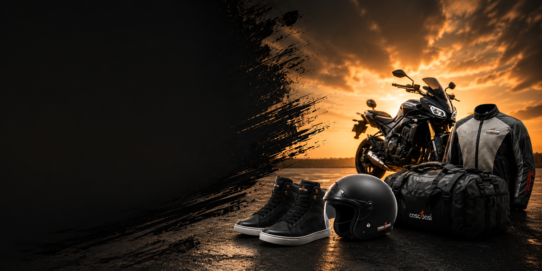 Attrezzatura da motociclista accanto a una moto al tramonto, con scarpe, casco e borsone sullo sfondo di un cielo arancione.