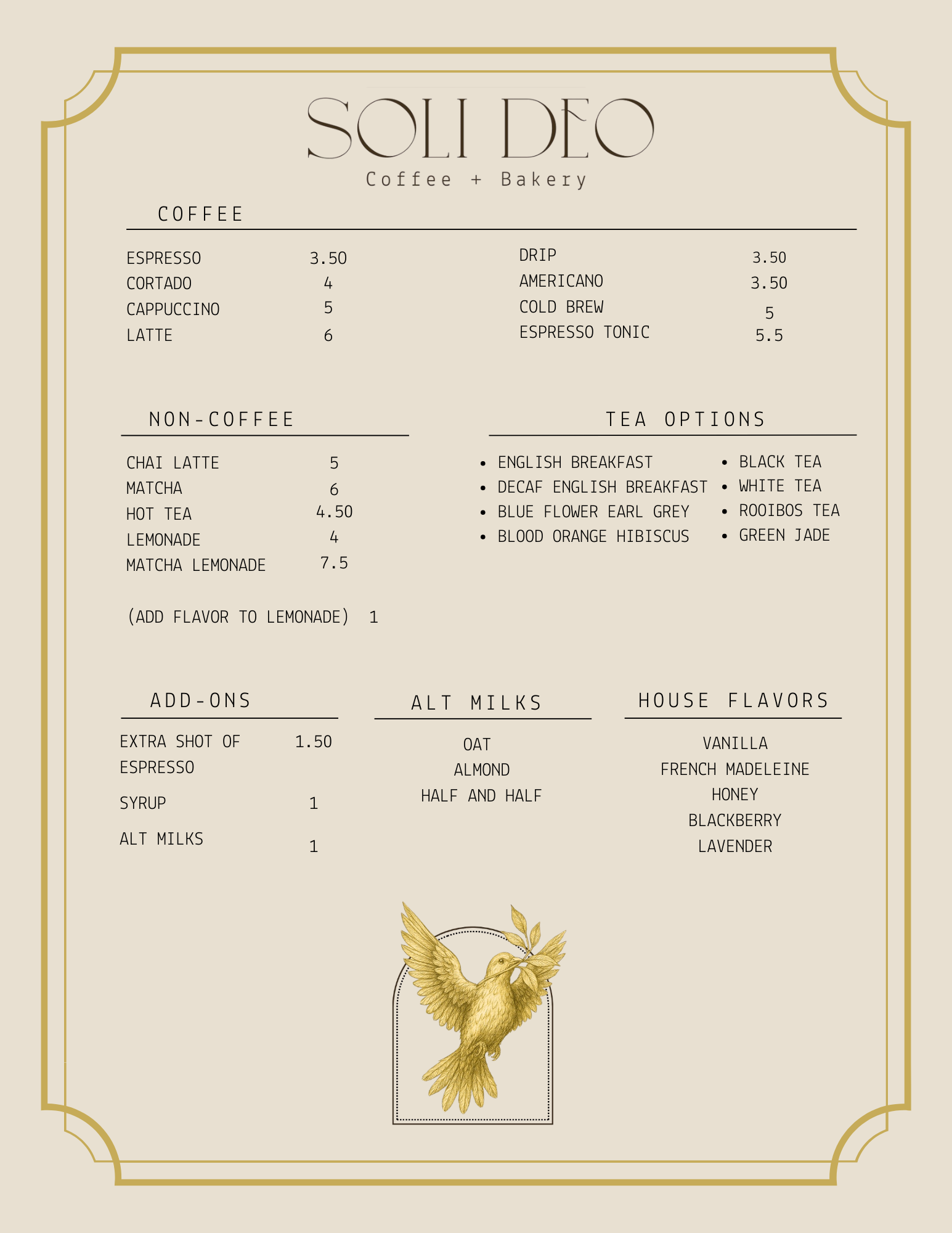 Soli Deo Coffee and Bakery Menu