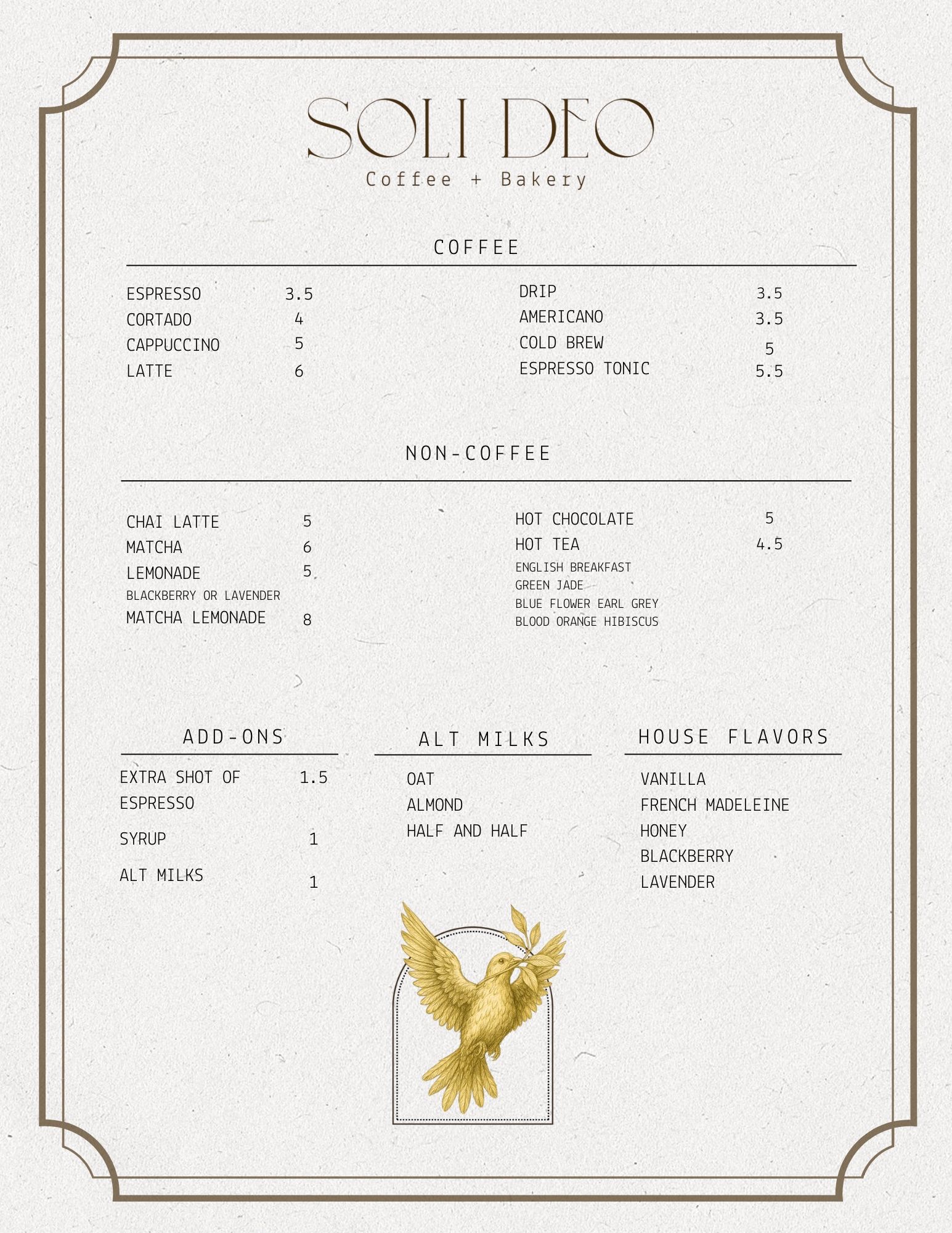 Soli Deo Coffee and Bakery Menu