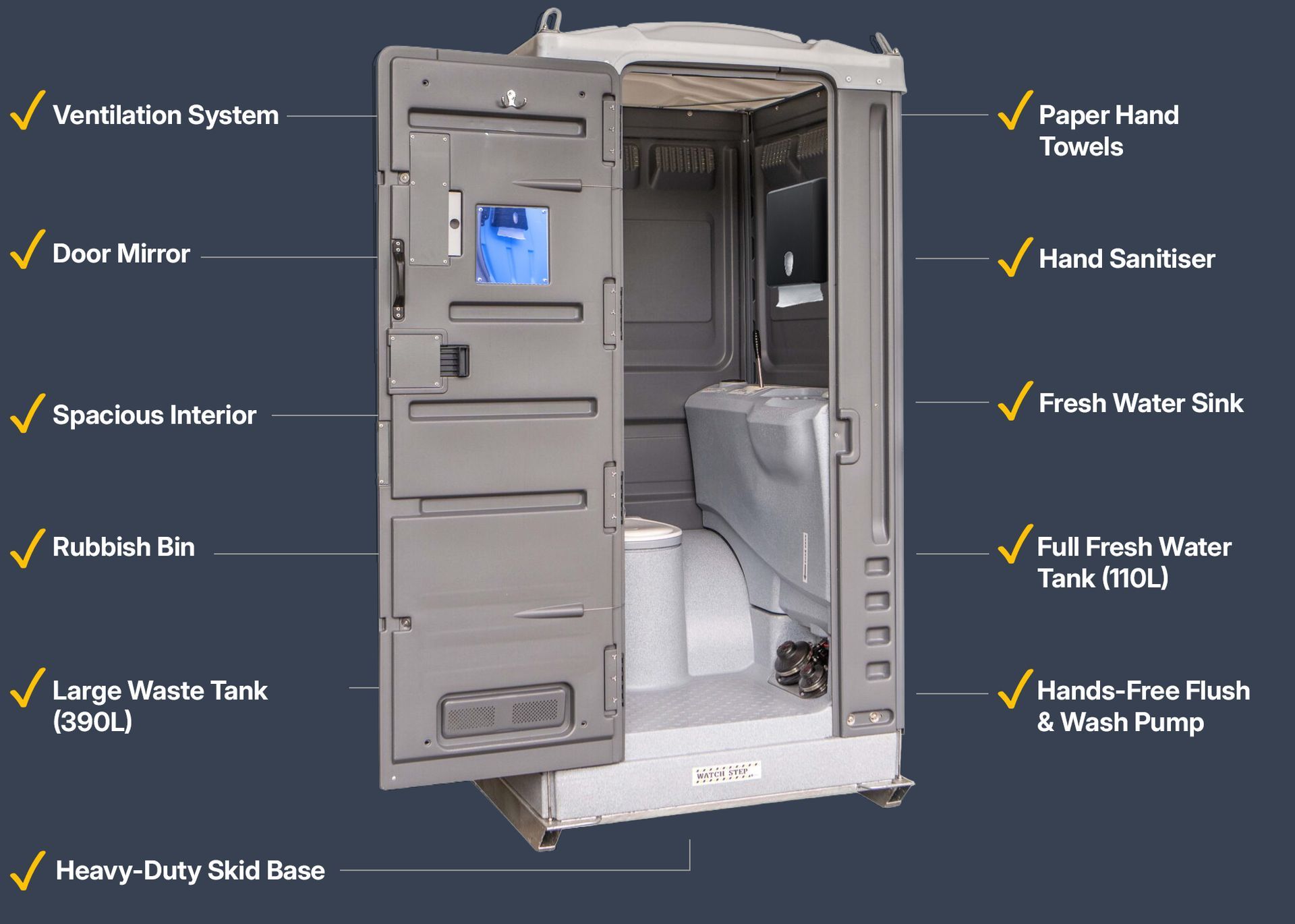 A portable toilet, open door showing features like a mirror, sink, and hand sanitizer.
