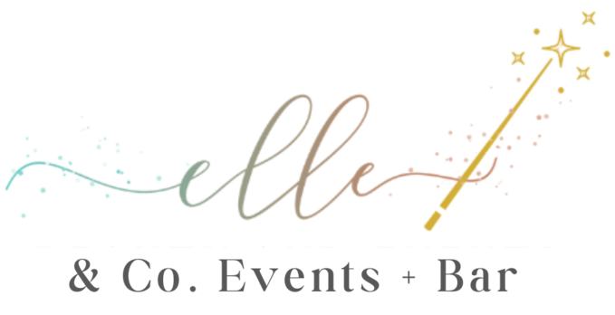 A logo for elle & co. events + bar with a wand and stars.