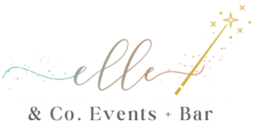 A logo for elle & co. events + bar with a wand and stars.