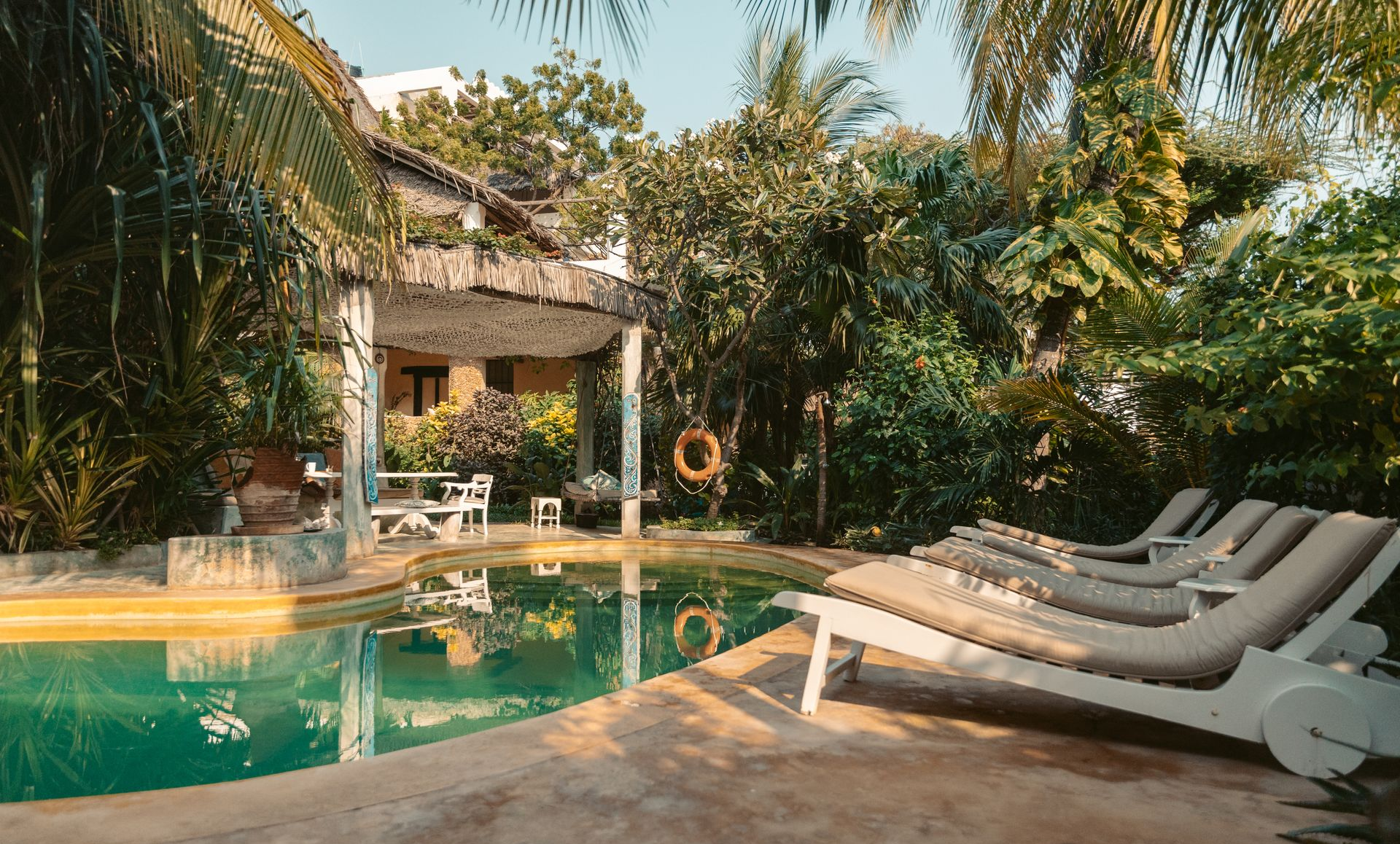 Pool with sun loungers and palm trees at Banana House