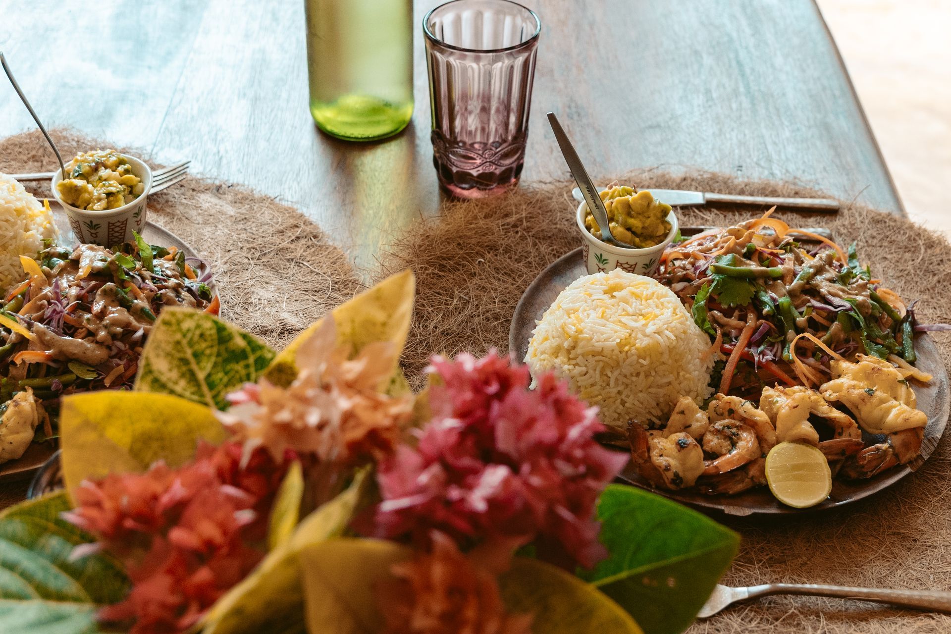 Farm to table lunch served with rice, vegetables and flowers from own garden.
