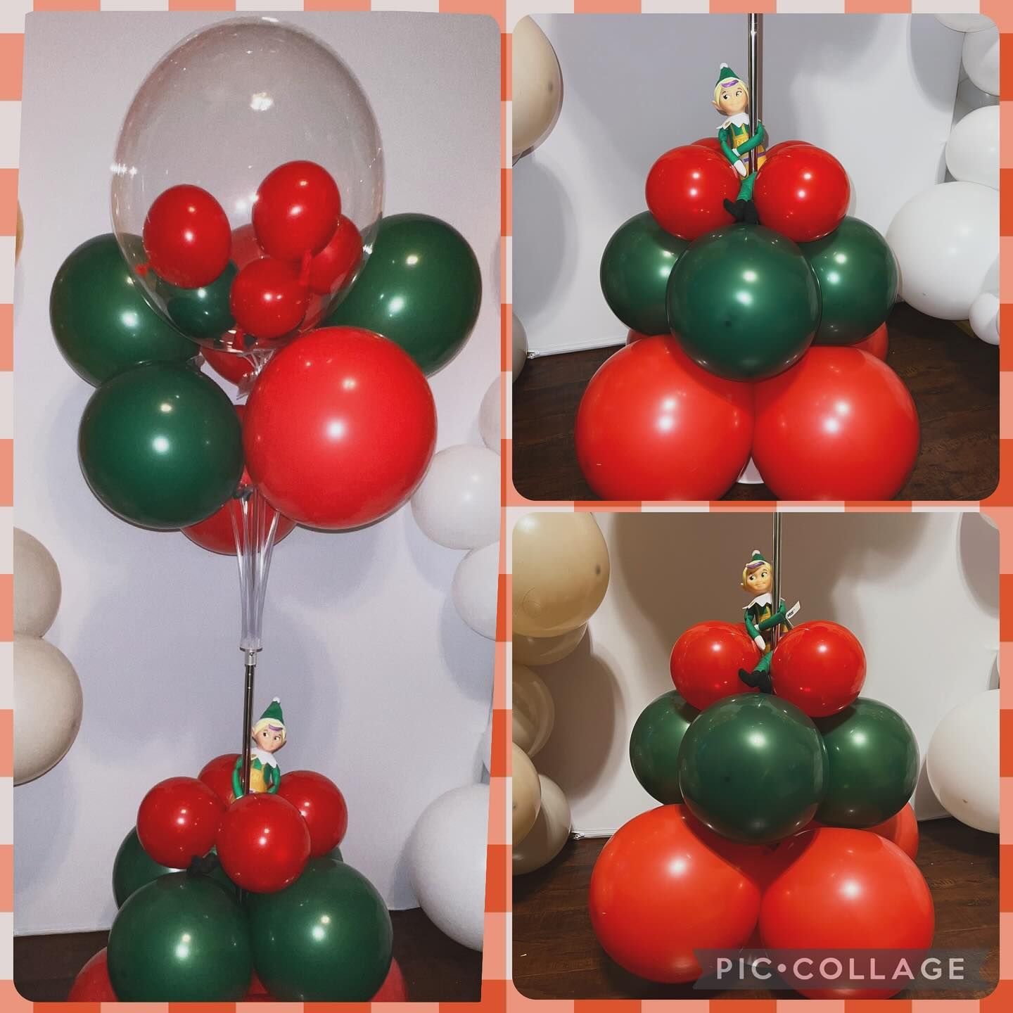 Red and green balloon arrangement with a Christmas tree topper, shown in three views.