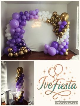 Purple, gold, and white balloon arch around a white backdrop with “Ive fiesta” sign.