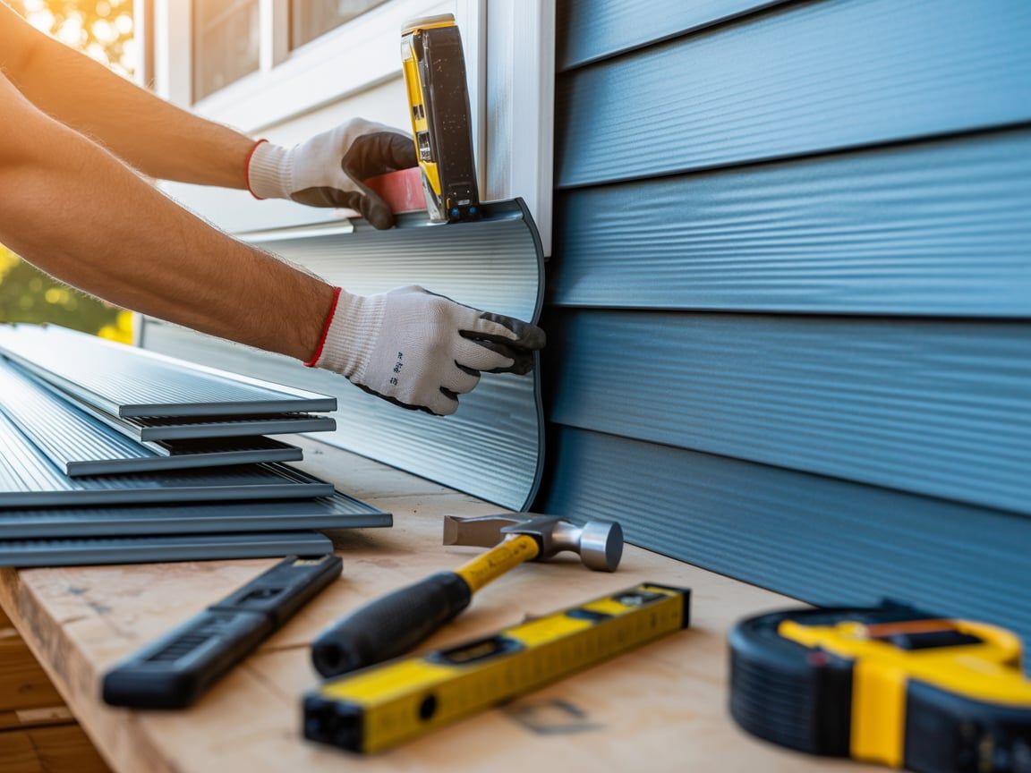 Person installing blue siding on a house, using tools on a wooden surface.