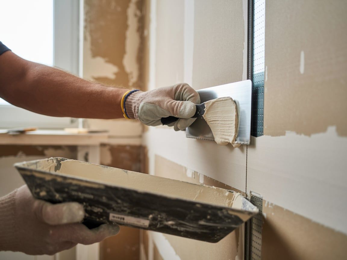 Person using a trowel to apply drywall mud along a metal corner bead in a room with a window.