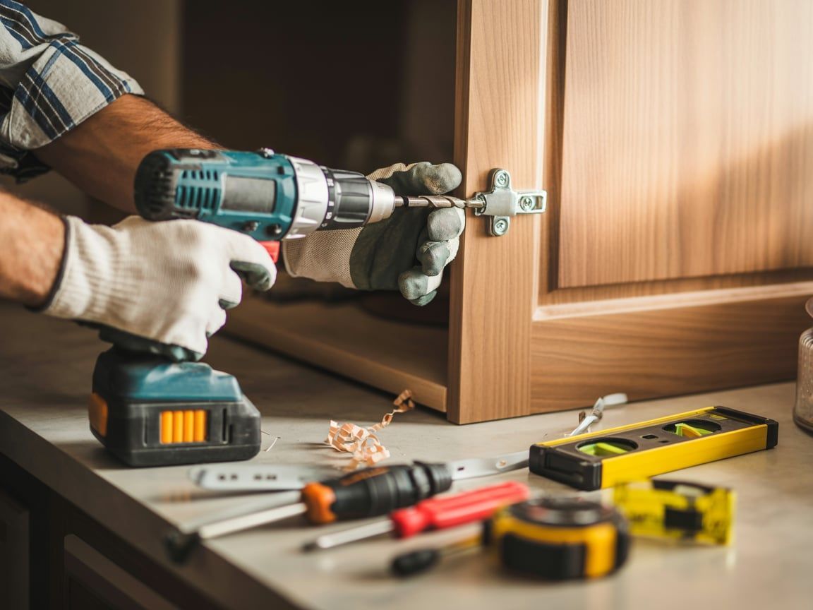 Person using a power drill to install a hinge on a wooden cabinet door.