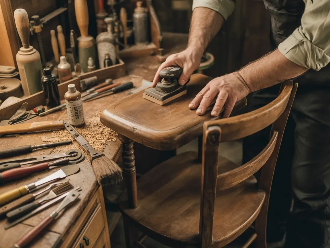 Person sanding a wooden chair in a workshop, surrounded by tools and materials.