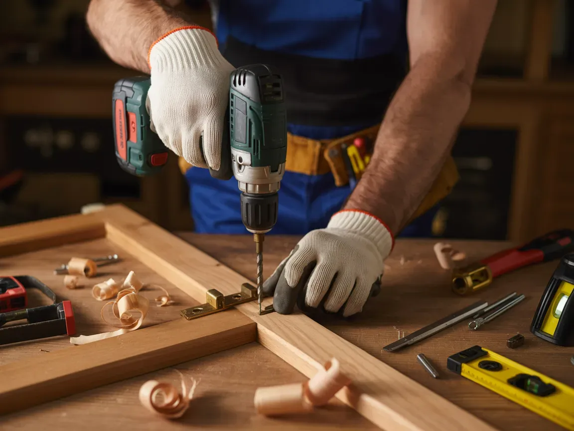 A person using a power drill to attach a hinge to a wooden frame, wearing work gloves.