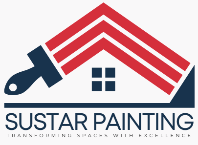 Logo of Sustar Painting: Red roof with blue paintbrush, small square window, blue text on a white background.