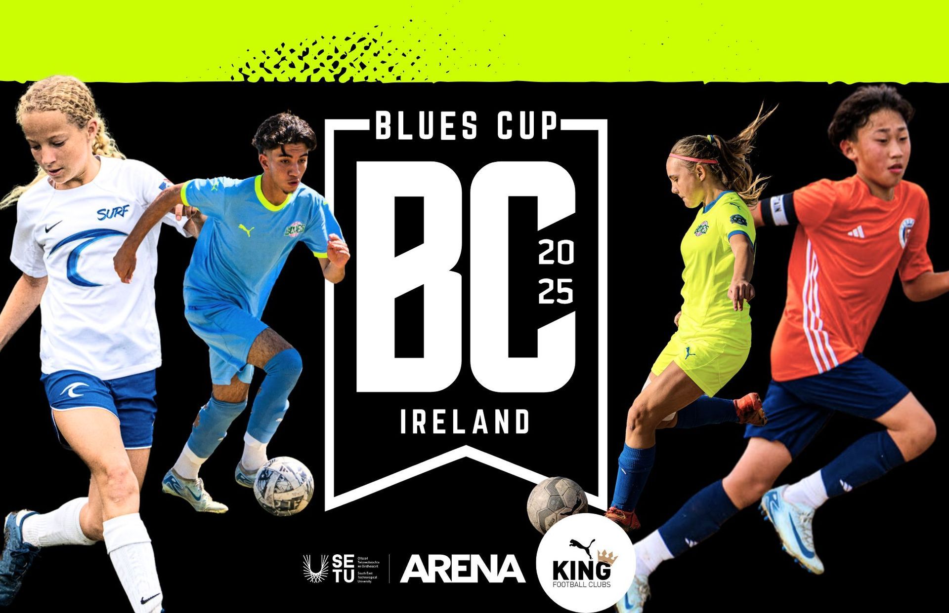 Logo of Blues Cup Ireland with youth players around it