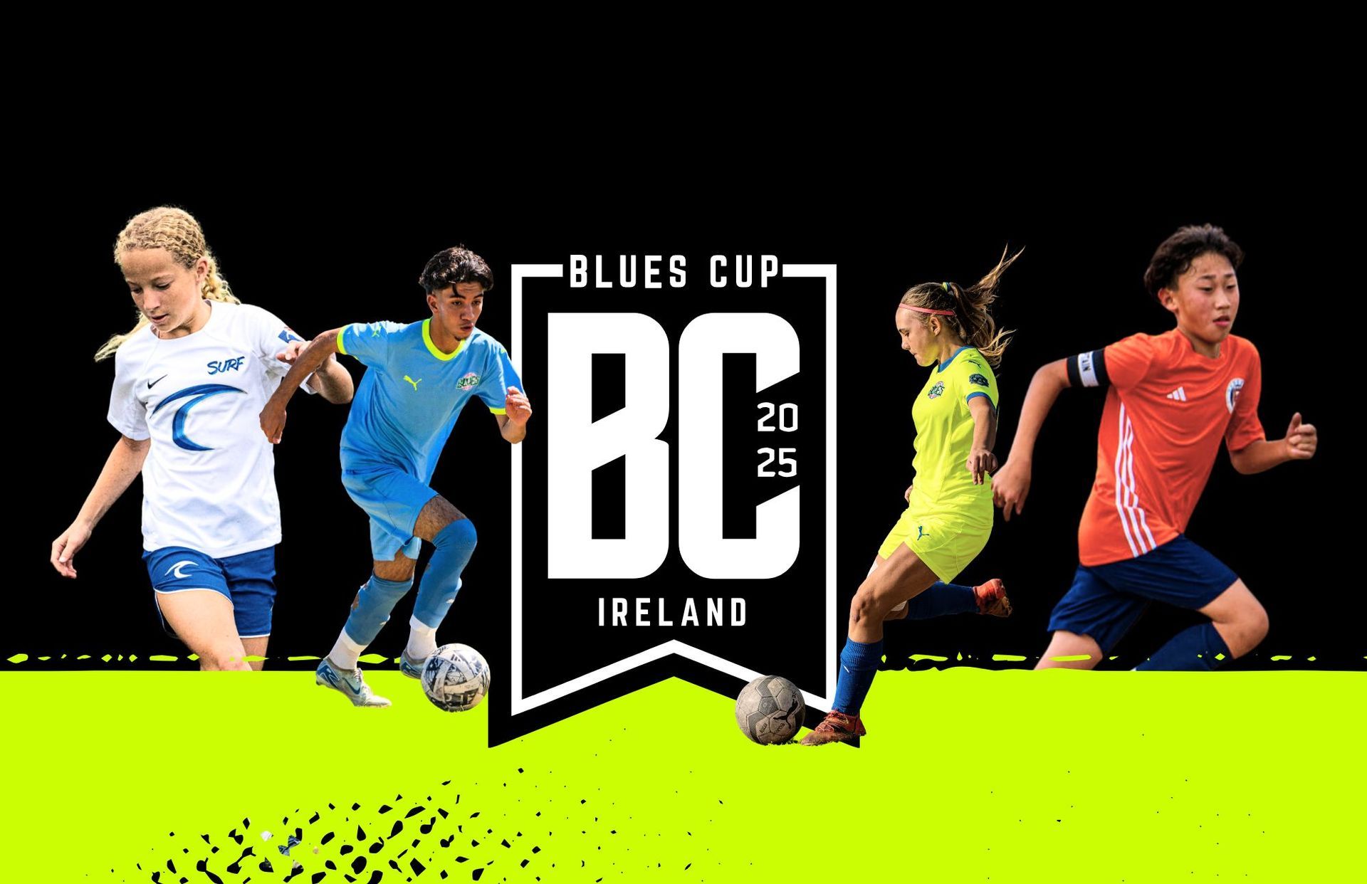 Logo of Blues Cup Ireland with youth players around it