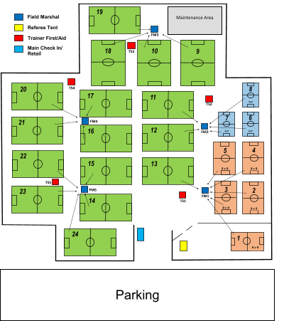 A map of the soccer field breakdown at SOCAL Sports complex.