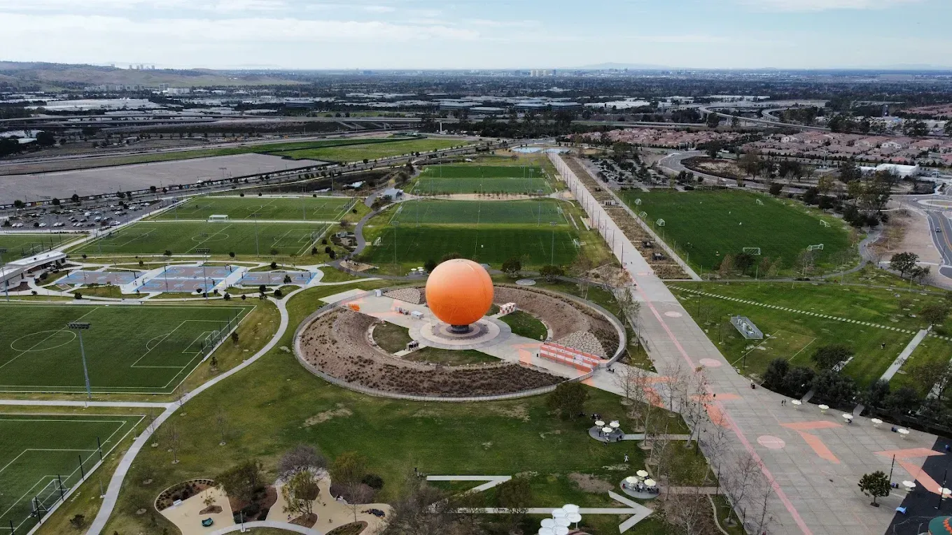 An aerial view of the soccer field at the SOCAL Sports Complex.