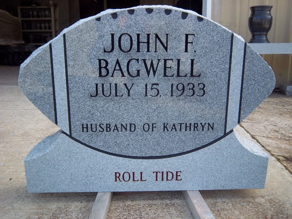 Football-shaped gravestone with