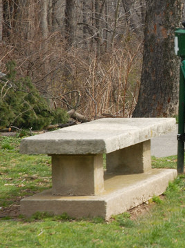 Concrete park bench on grass, two legs and a low base; trees in the background.