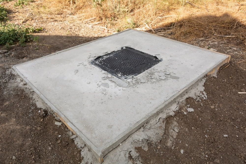 Concrete pad with a square metal grate set in it, outdoors.— Water TopUps Gympie in Pie Creek, QLD