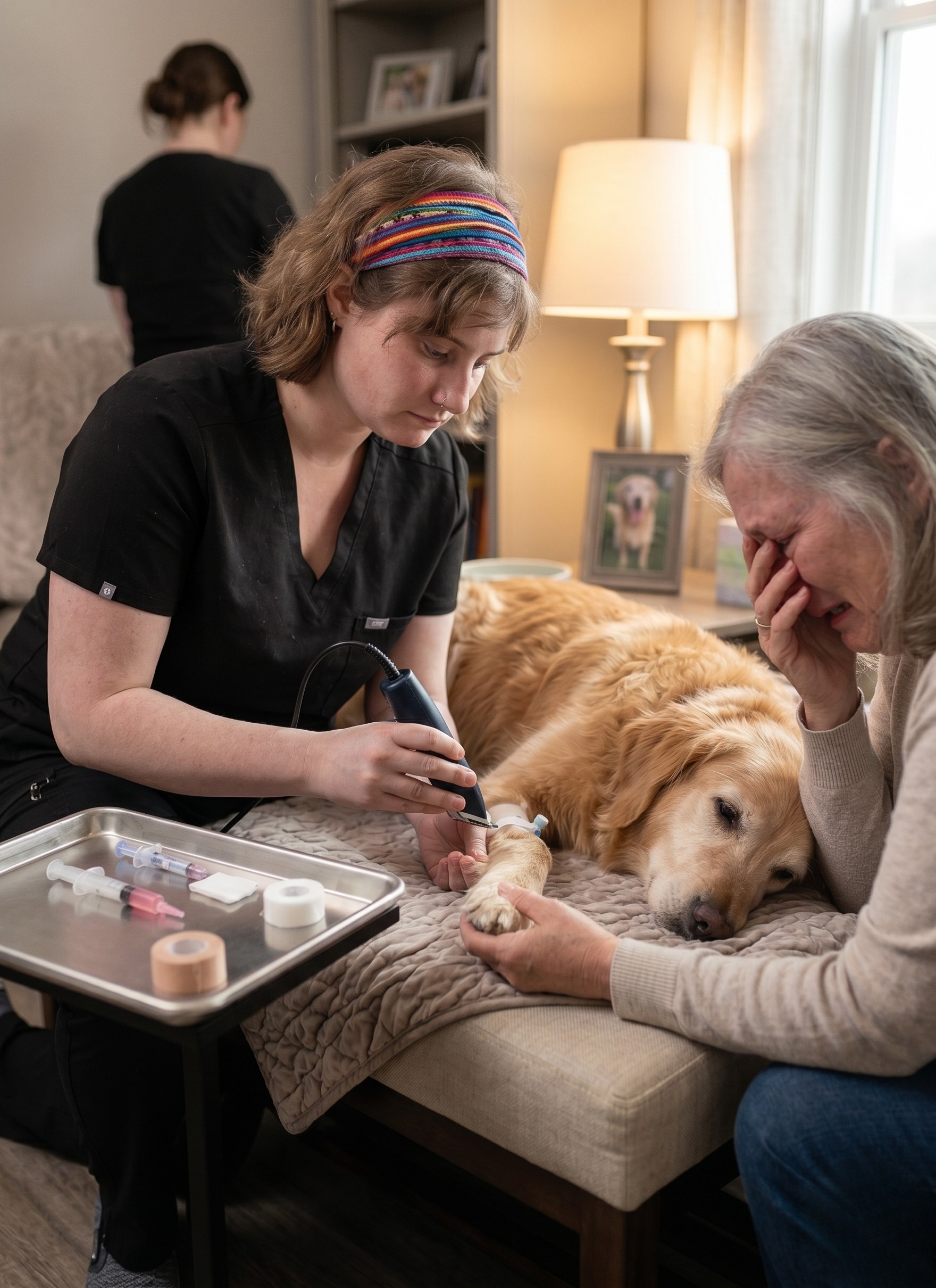 A vet holding a tabby kitten, with an ear medicine bottle on the table.