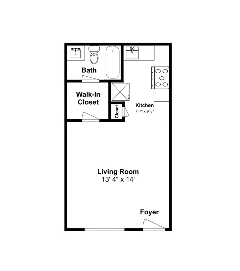 Black-and-white apartment floor plan with bath, walk-in closet, kitchen, living room, and foyer labeled.