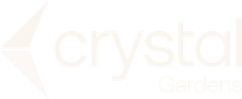 Faded Crystal Gardens logo with abstract leaf icon and pale gray text