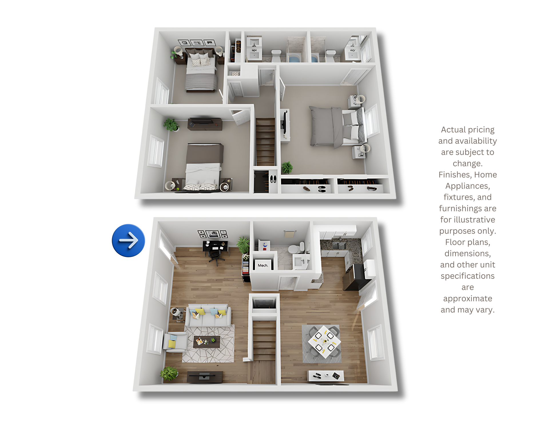 Two-floor apartment floor plan with bedrooms, bathrooms, and living areas in white and wood tones.