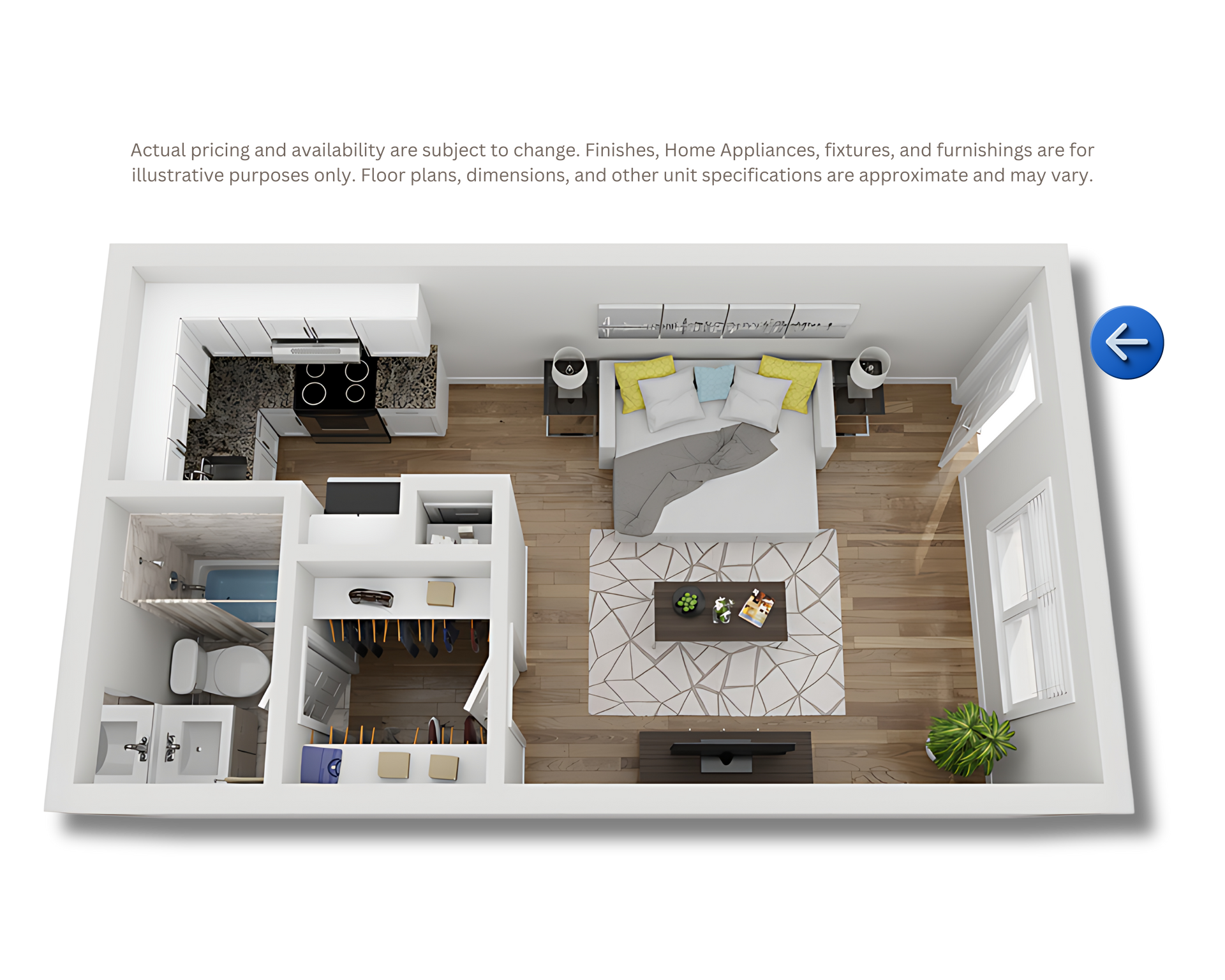 3D floor plan of a studio apartment with kitchen, bathroom, bed, desk, and living area on wood flooring
