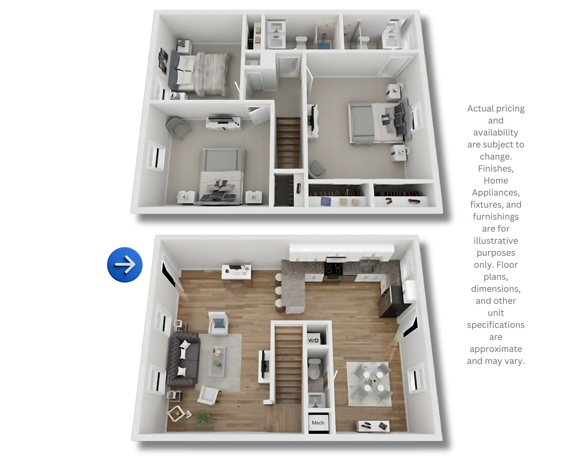 Top-down apartment floor plan with furnished rooms, shown before-and-after in white and wood tones.