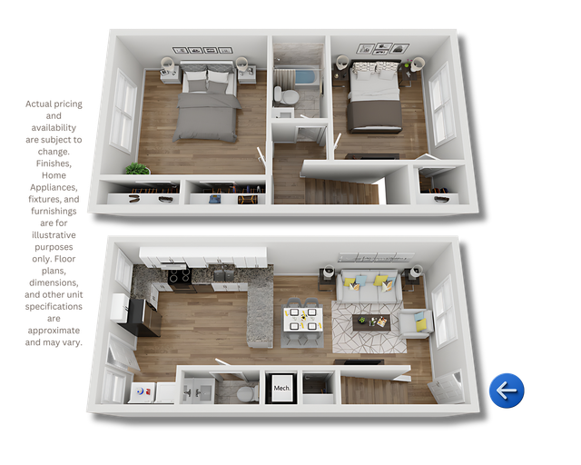 3D floor plan of a compact apartment with bedroom, bath, kitchen, and living area shown from above