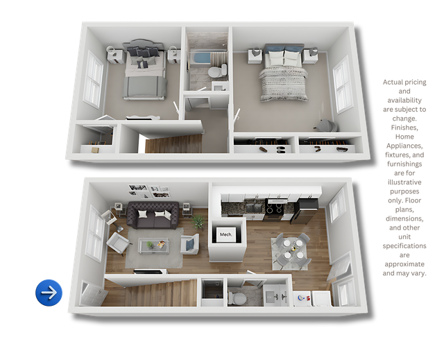 Top-down 3D floor plan of a small apartment, showing two bedrooms and an open kitchen-living area.