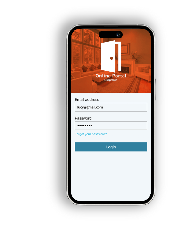 Mobile online portal login screen with email and password fields and blue Log In button