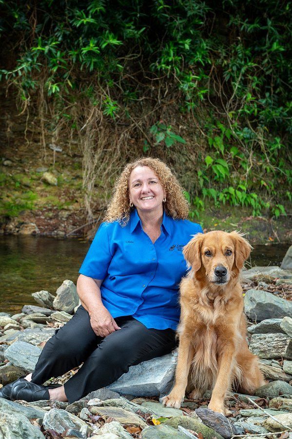 Woman with curly blonde hair and golden retriever dog sitting on rocks by water.— Canine Training School in Trinity Park, QLD