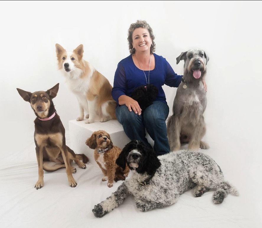 Woman sits with five dogs: brown, white, and spotted breeds. White backdrop.— Canine Training School in Trinity Park, QLD