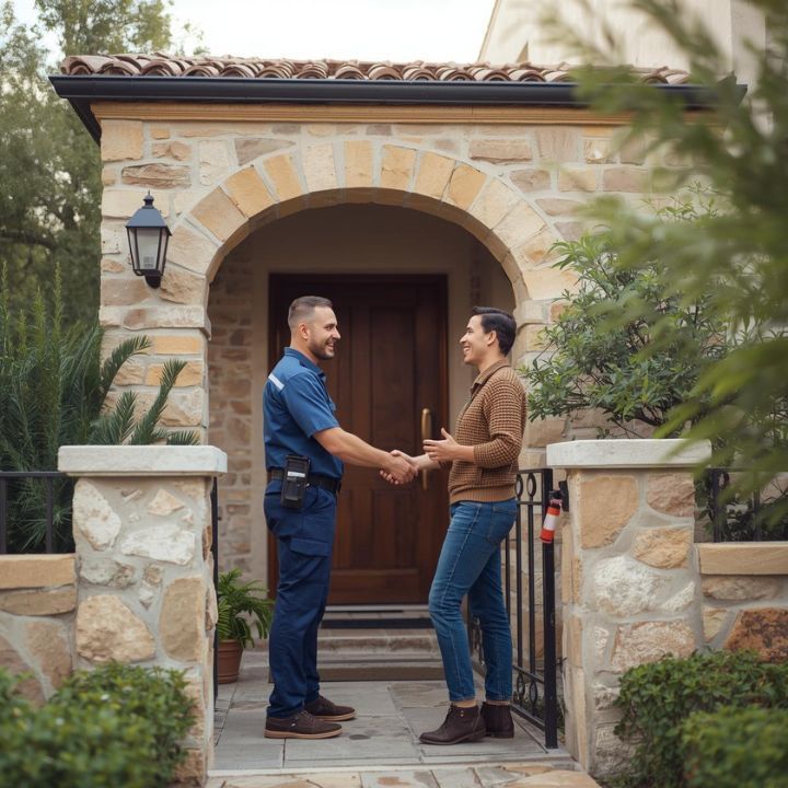 Man in uniform shaking hands with a person at a home's entrance.