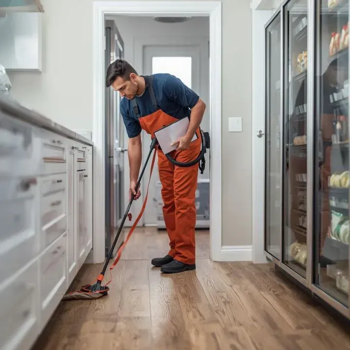 A person in orange overalls vacuums a kitchen floor. They hold paperwork, in a white-cabineted kitchen.