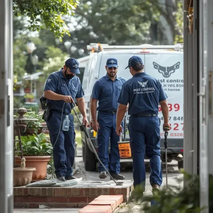 Three pest control workers in blue uniforms spraying an entrance to a home; van in background.